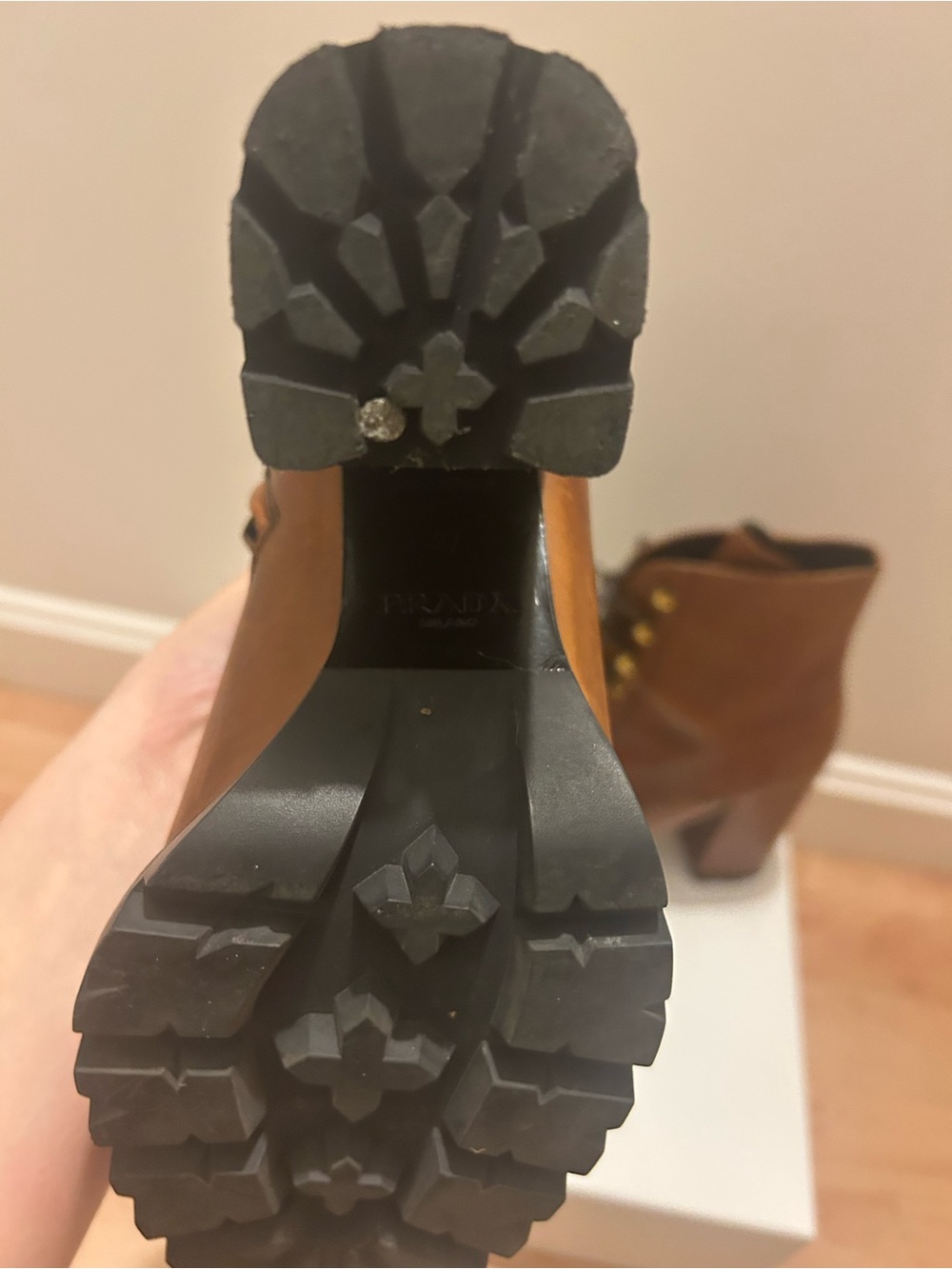 Prada Brown Leather Lace-Up Block Heel Boots - Picture 5 of 6